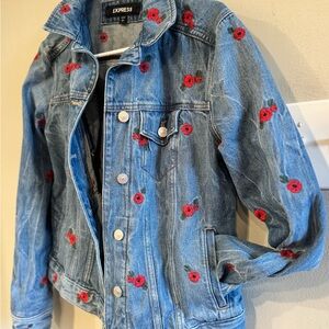 Express Blue Jean Jacket with Red Floral Embroidery